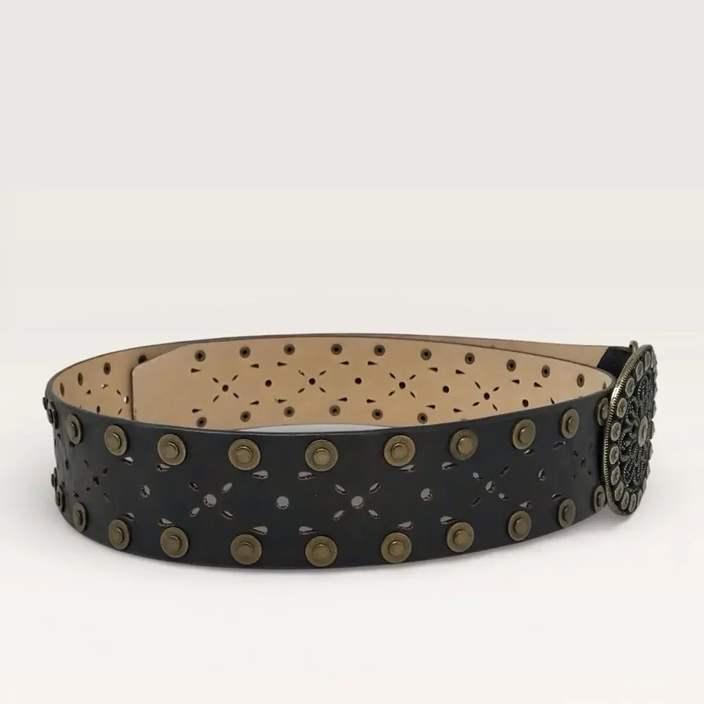 Sonoma Brown Wide Leather Belt Western Style Studded Brass & Cutout Detail